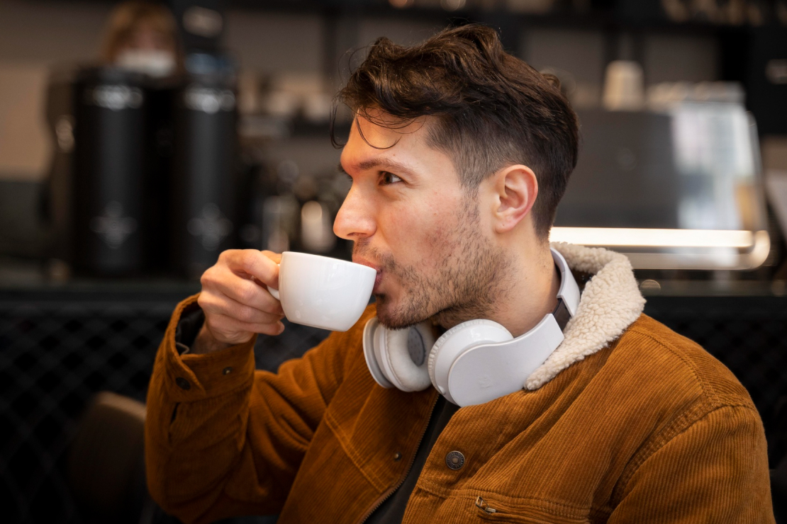 A close-up shot of a perfectly crafted latte art heart in a ceramic mug, with roasted coffee beans scattered around it on a rustic wooden table, symbolizing the love for coffee.