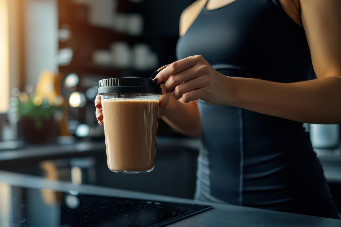A fit person in workout gear holds a shaker cup with a coffee-based protein shake in a modern kitchen, symbolizing using caffeine for fitness and dieting.
