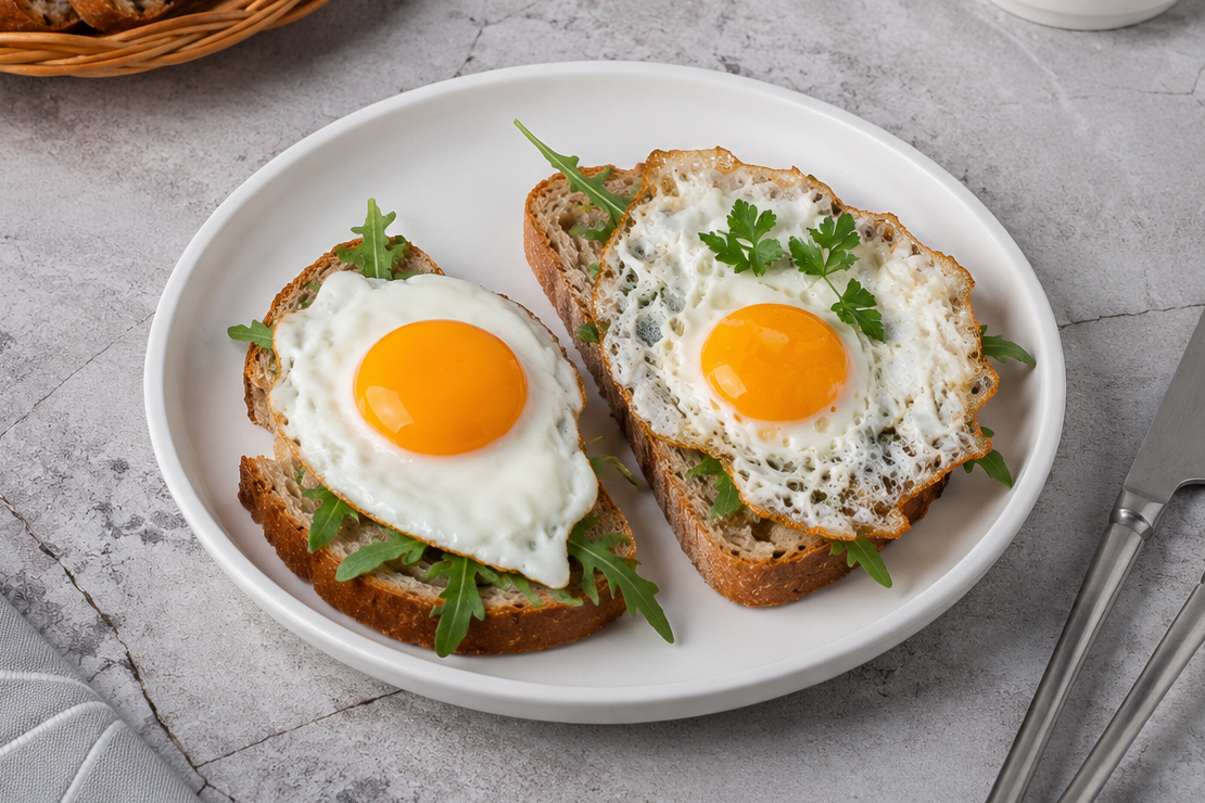 A perfectly poached egg with a runny yolk next to a fried egg on a plate, comparing two cooking methods