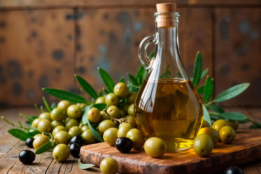 A bottle of olive oil surrounded by fresh olives and a wooden cutting board.