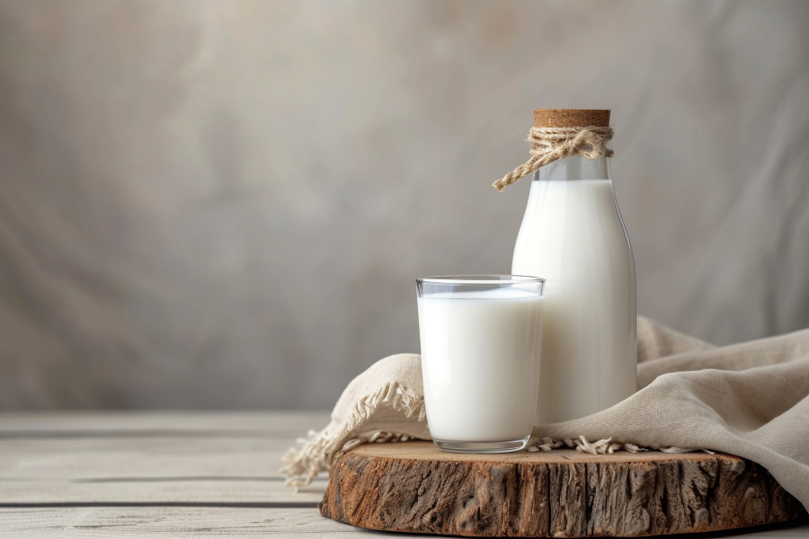 A glass and bottle of fresh cow's milk on a rustic wooden surface.
